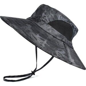 Unisex Grey Camo 100% Polyester Wide Brim Mesh Vents With Chin Strap Fishing Hat